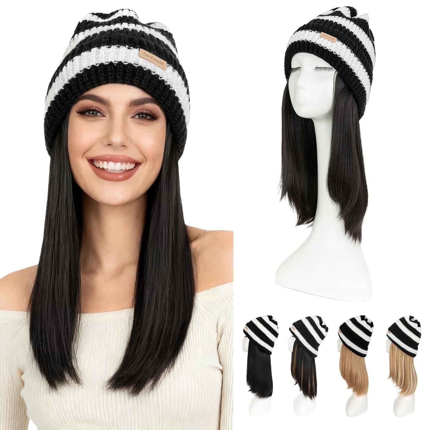 Beanie Wig Hat with Hair for Women - Warm Synthetic Knitted Pom Pom Slouchy Cable Knit | Medium Brown 11” 200g