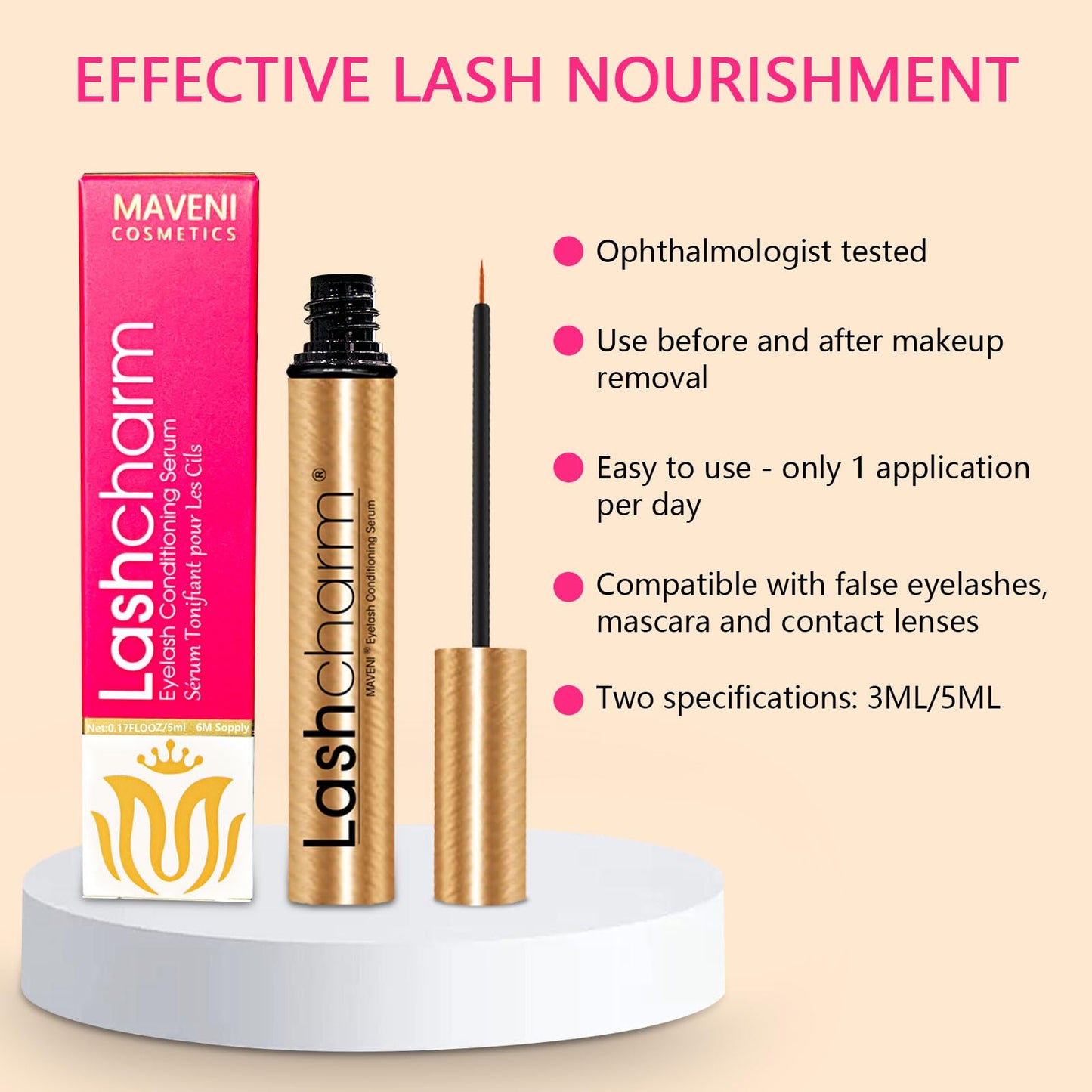 MAVENI Lash Enhancing Serum, Women's Advanced Cosmetics, Eyelash Growth Serum, Promote Longer, Fuller, and Denser Eyelashes, Fast and Effective (Frosted Gold, 0.17 Fl Oz (Pack of 1))