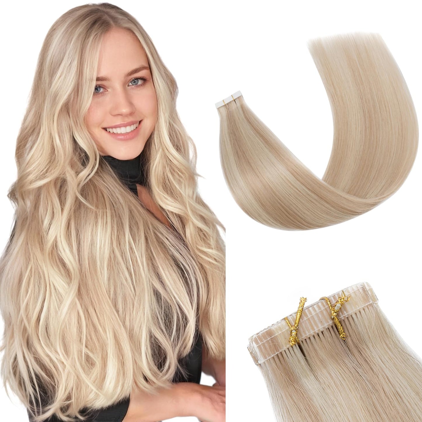 Human Hair Tape in Extensions-Double Stitched,SLEEKALON Free-cut Mini Tape ins Real Hair Extension Jet Black Invisible Seamless Straight Double Side Tape Hair Extension-20 Inch,20pcs 50g,#01