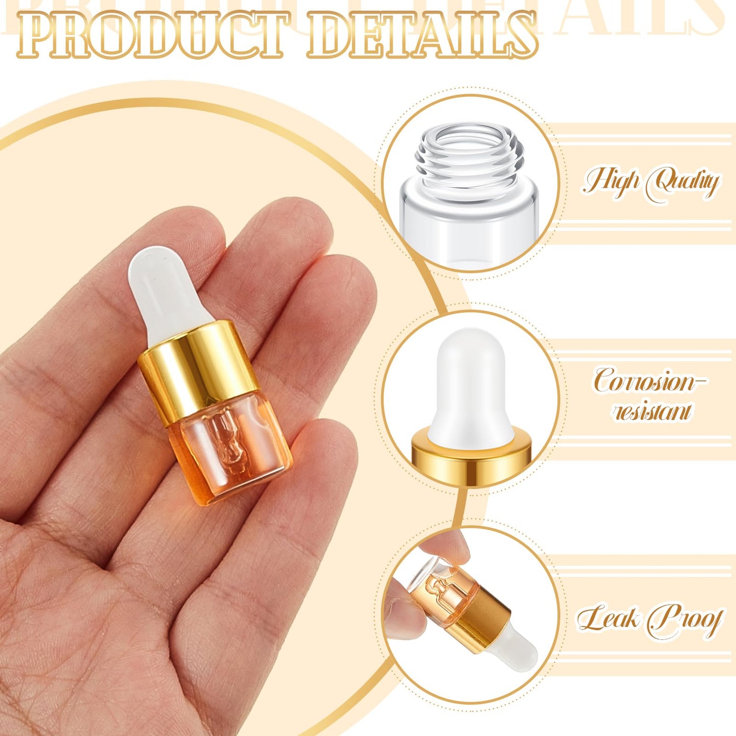 Didaey 200 Pcs 1/2/3/5/10/15 ml Mini Glass Oil Dropper Bottle Bulk, Clear Essential Small Empty Bottles Sample Containers Perfume Liquid Vials with Cap for Traveling (1 ml,Champagne Gold)