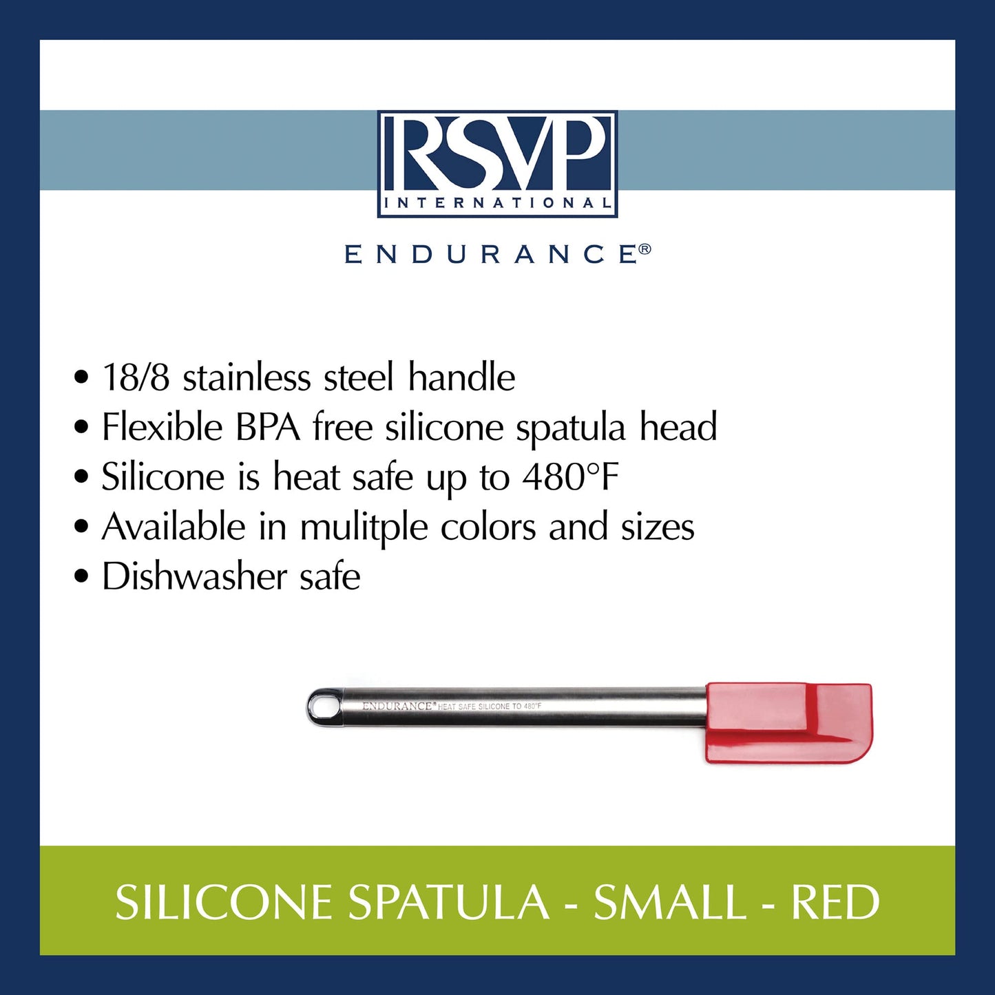 RSVP International Endurance Kitchen Tool Collection Silicone Spatula, Stainless Steel Handle, 9.5x1.4", Red