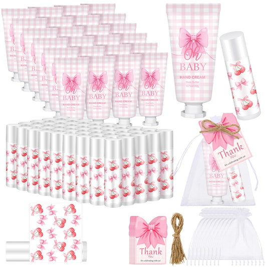 Heigble 50 Set Pink Baby Shower Gifts Bulk Woman Bow Baby Shower Favor for Guests Lip Balm Hand Cream Include 50 Lip Balm 50 Hand Cream 50 Bag 50 Tag Gender Reveal Wedding Bridal Party Favors Gift