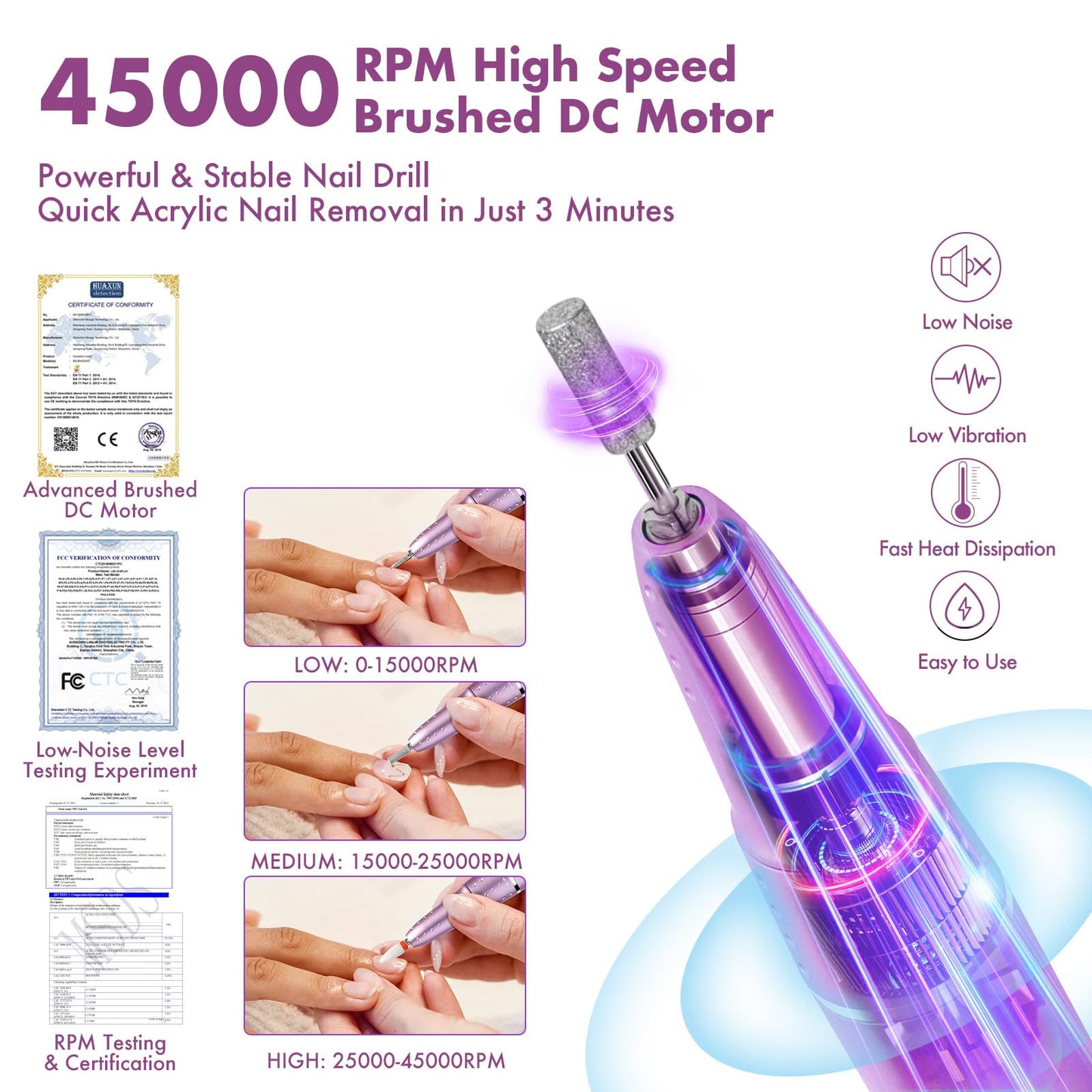 Vrenmol Nail Drill Professional: 45000 RPM Electric Nail File Smart Touchscreen Rechargeable Nail Dr Ill Kit Portable Nail Drill with 12 Drill Bits for Acrylic Nail Gel Polishing Removing Efile Salon