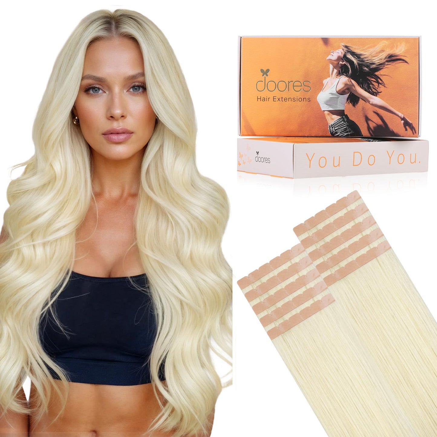 DOORES Tape in Hair Extensions, 16 Inch 10pcs 35g Platinum Blonde Mini Tape Weft Extensions Invisible Remy Real Human Hair Silky Straight DIY Seamless PU Weft Flexible Wear
