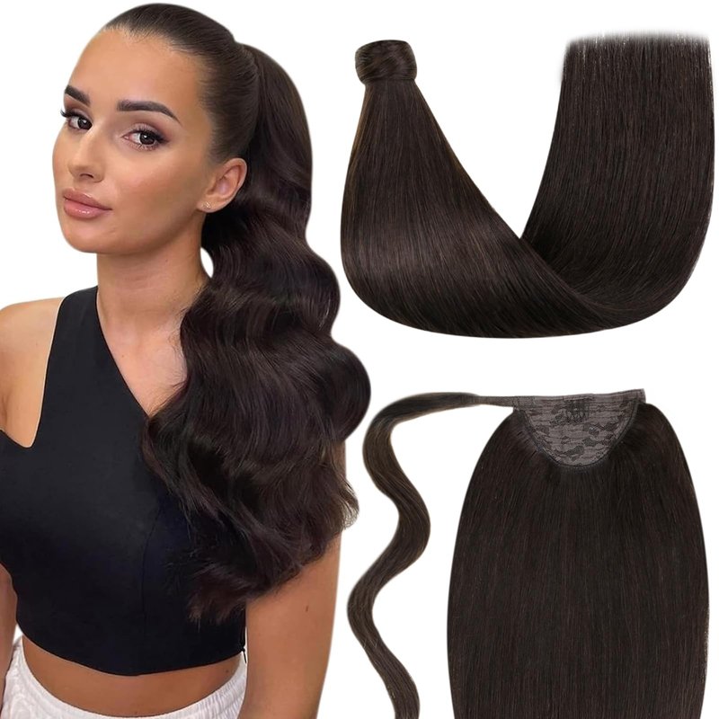 LaaVoo Ponytail Extension Human Hair Brown Ponytail Extensions for Women Darkest Brown Ponytail Hair Extension Real Human Hair Short Straight 12 Inch 75g