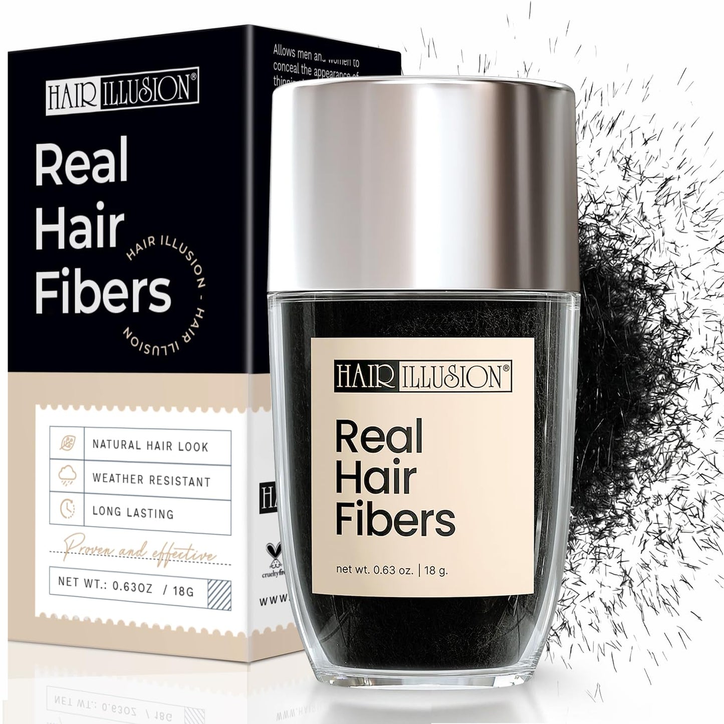 Hair Illusion Black Real Fibers and Holding Spray for Women & Men - Natural Texture, Non-Synthetic Cover Up for Thinning Hair and Bald Spots - 18 Gram