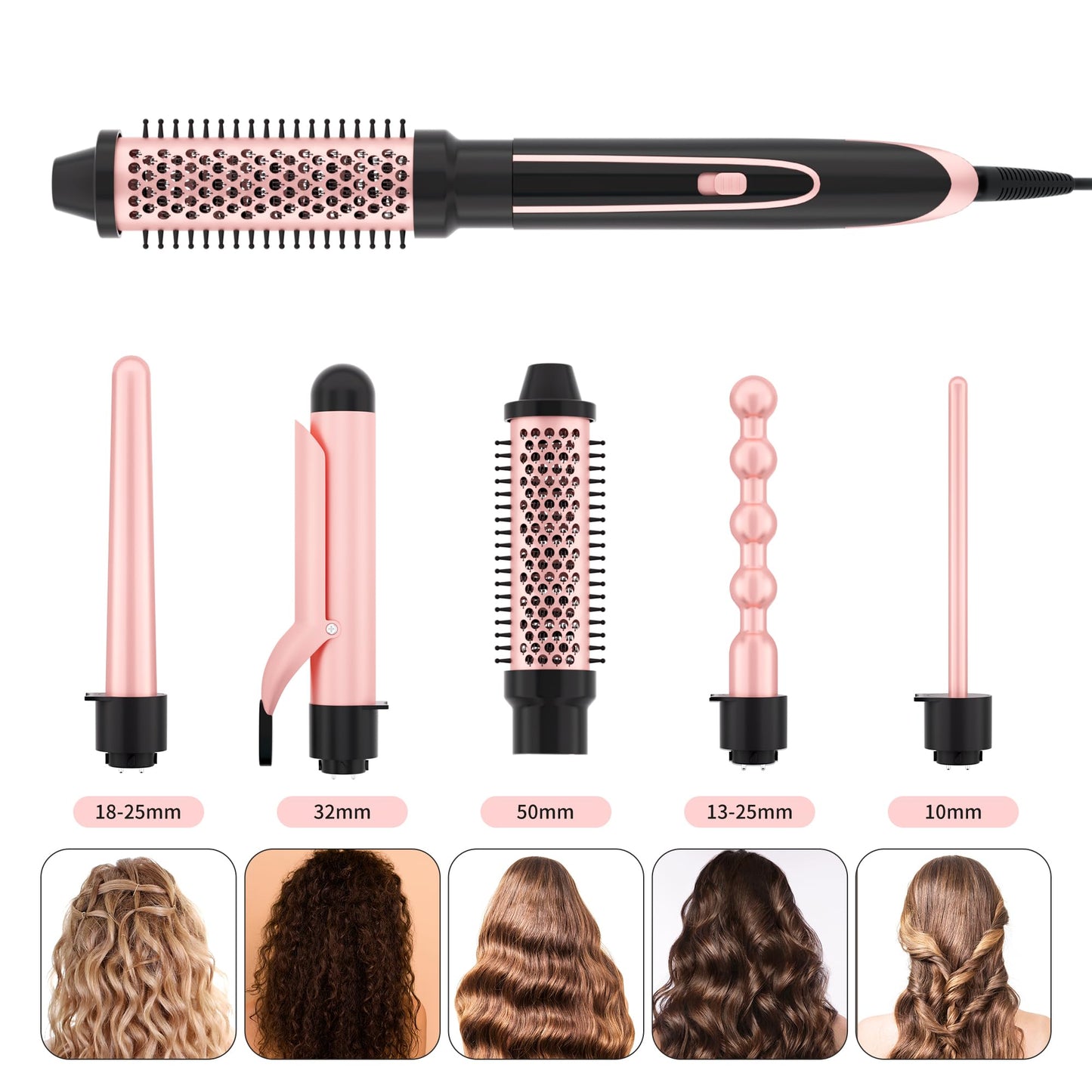 HEIKKI VISION 5 in 1 Curling Iron Set with Instant Heat Up, Dual Voltage, 4 Interchangeable Ceramic Curling Wands, Curling Brush, Heat Protective Glove & 2 Clips (Curling Iron 0.3-1.5")