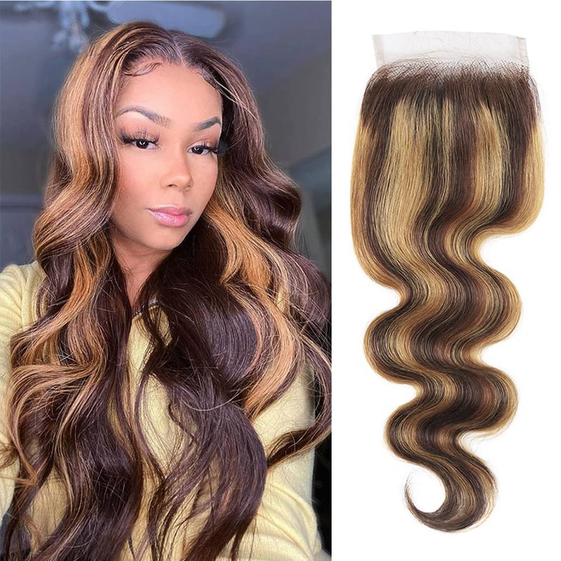Isufer Highlight Lace Closure Human Hair Pre Plucked With Baby Hair 4/27 Closure Body Wave Brown To Honey Blonde Two Tone Closure Human Hair 4X4 Free Part Bleached Knots Brazilian Virgin Hair 10 Inch
