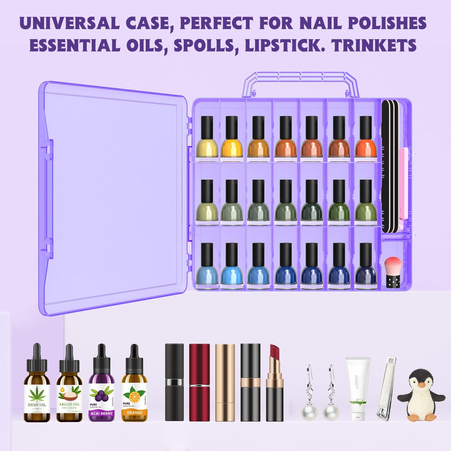 SUBAY 2 Pcs Portable Nail Polish Organizer, Clear Double Side Nail Polish Holder,Gel Nail Storage for 48 Bottles with 6 Adjustable Dividers in Each Side Space Saver Purple