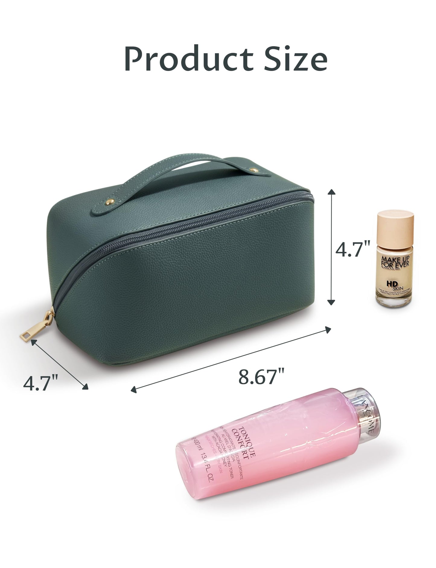 Yarnic Green Travel Makeup Bag Pouch Cosmetic Bag, Large Capacity Toiletry Bag for Women, Portable Pouch Cute Make Up Organizer with Divider and Handle, PU Leather (Gray Green)