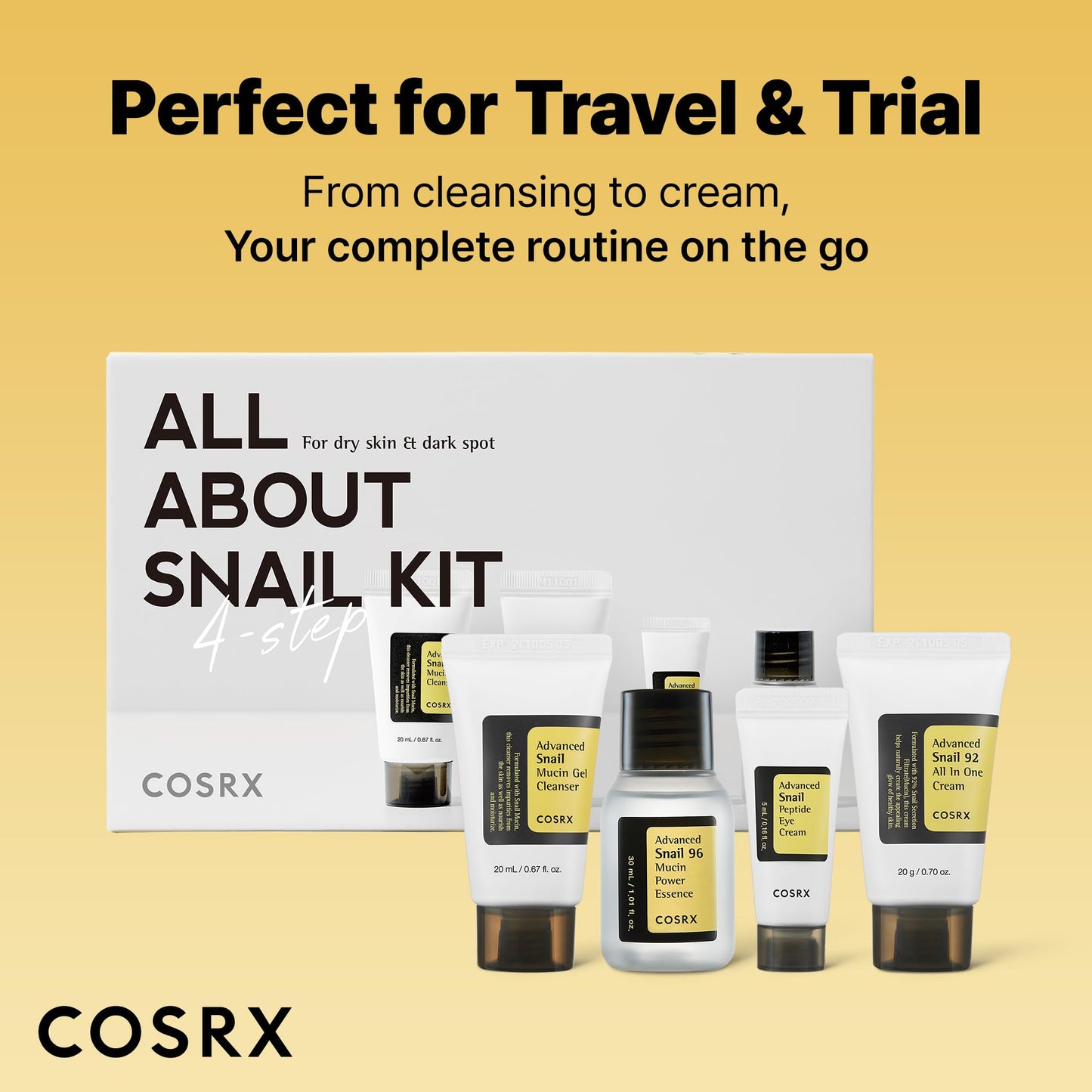 COSRX All About Snail Mucin Korean Skin Care Set, Mini Travel Essentials, Travel Size Gift Set with Snail Mucin Face Wash, Serum, Moisturizer & Eye Cream, Rejuvenating Kit, Mothers Day Gifts for Mom