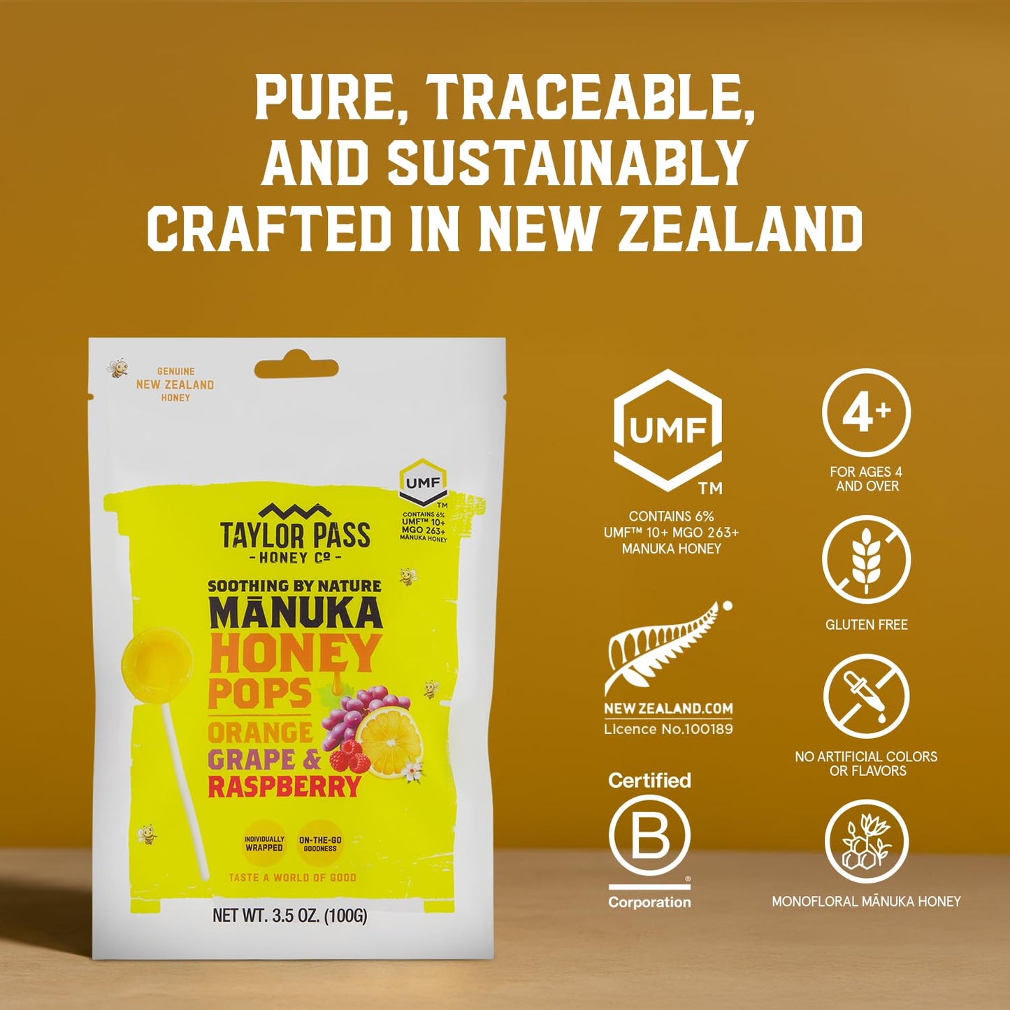 Taylor Pass Honey Co Mānuka Honey Pops UMF™ 10+, 13 Ct, 3 Flavors, NZ