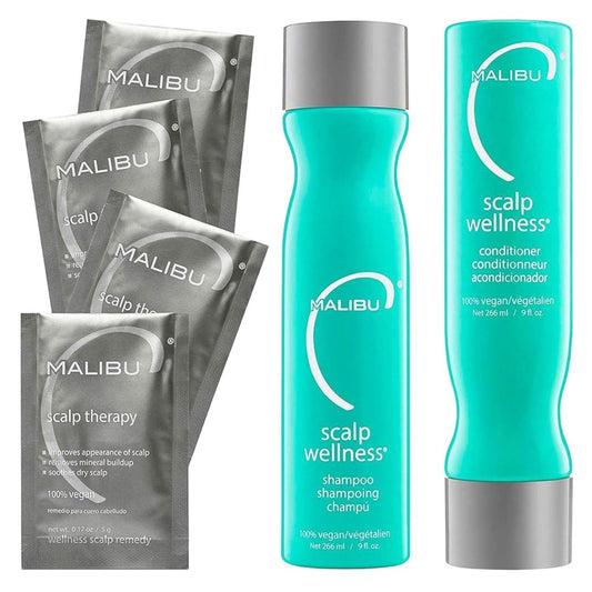 Malibu C Scalp Wellness Collection - Soothing Shampoo and Conditioner Hair Care Set for Dry Scalp - Formulated with Vitamin C Antioxidant Complex - Travel Size Scalp Remedy Packets Included (33.8 oz)