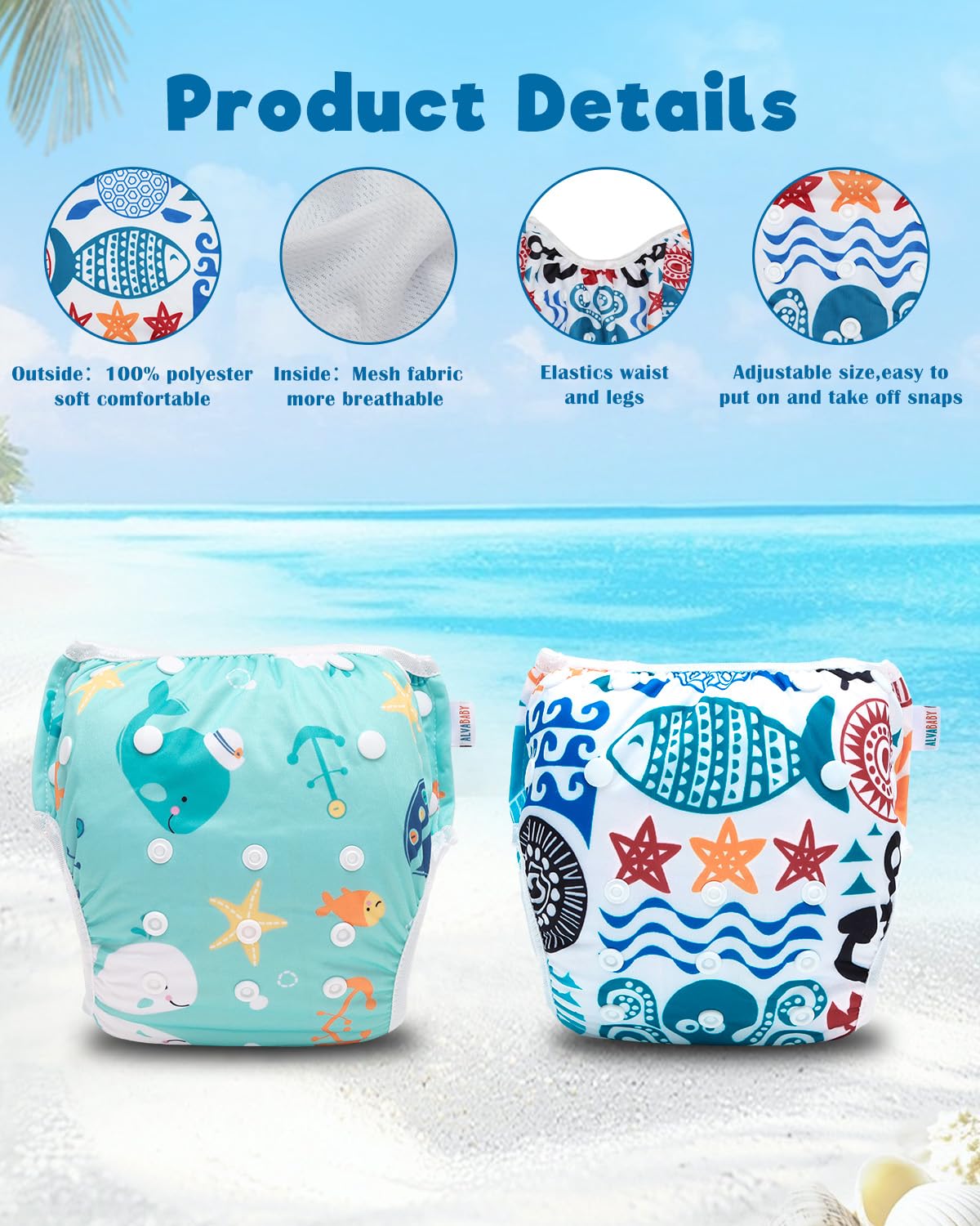 ALVABABY Reusable Swim Diapers for Babies & Toddlers - Adjustable Snap Design | Cartoon Fish, One Size