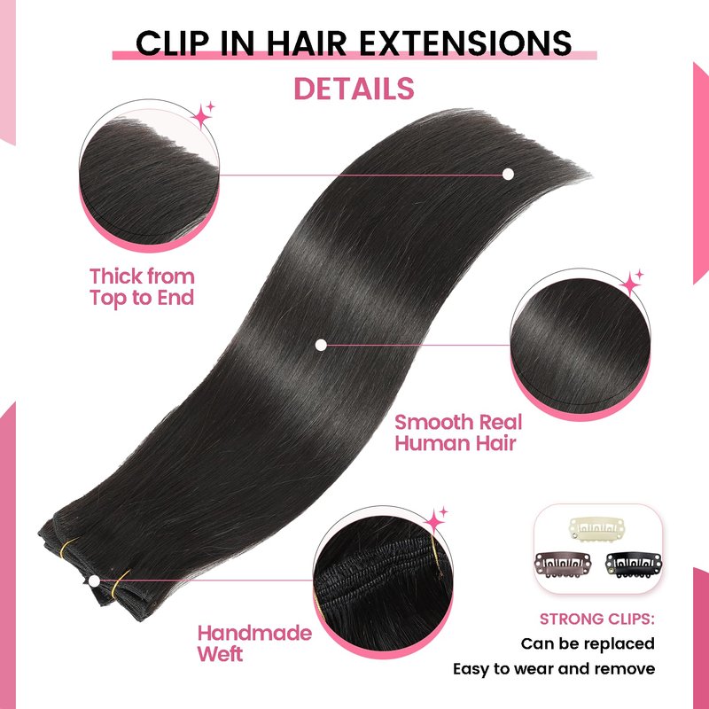 CWRDK Clip in Hair Extensions Real Human Hair, 100% Brazilian Remy Human Hair Clip ins for Women, Straight Seamless Double Weft Hair Extensions, Invisible 8pcs, 16 Inch 90g, #1B Natural Black