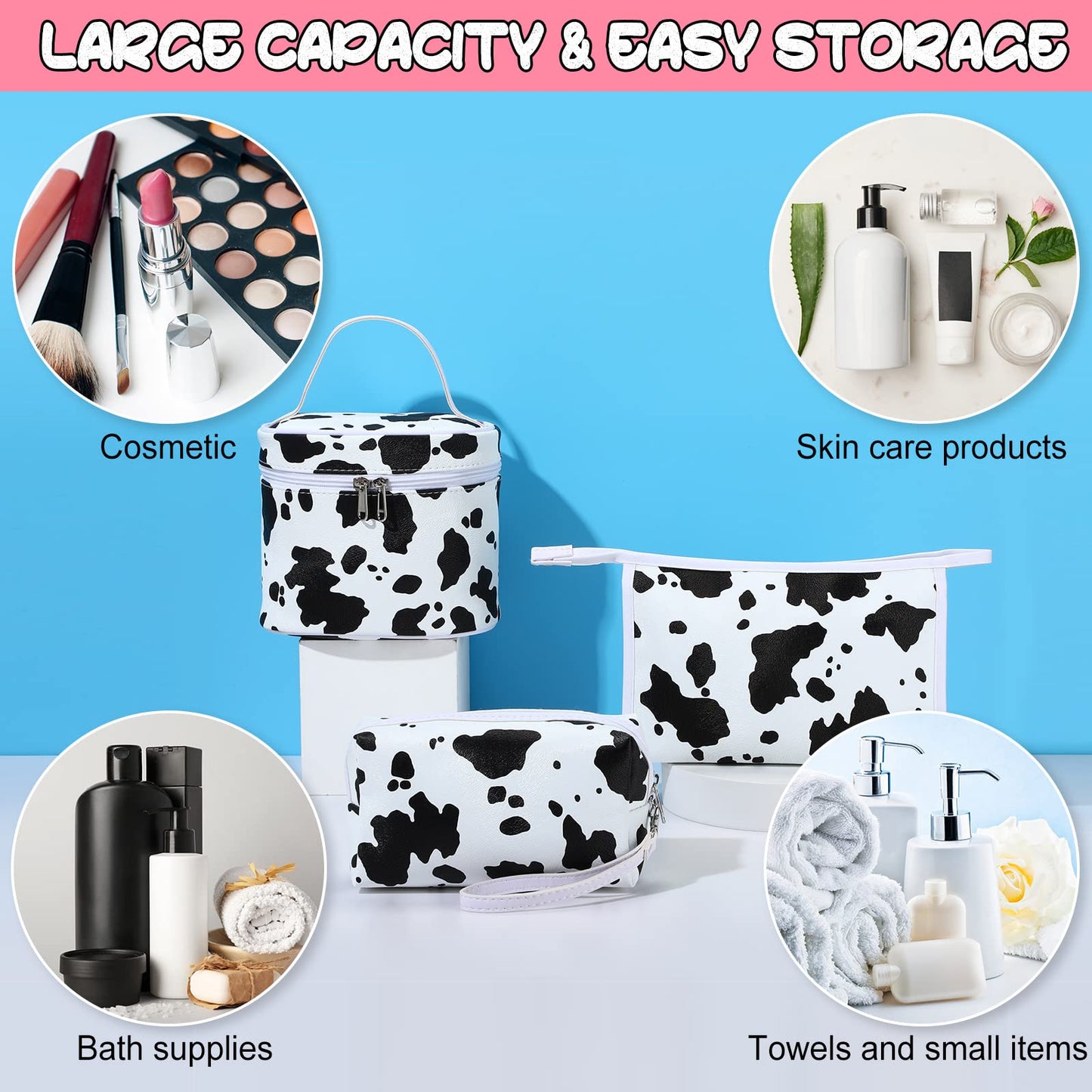 Saintrygo Set of 6 Makeup Bag Set Travel Cosmetic Bag Cow Print Toiletry Pouch Gifts for Women Organizer with Zipper Portable Cute Make up PU Leather Case Washable Waterproof