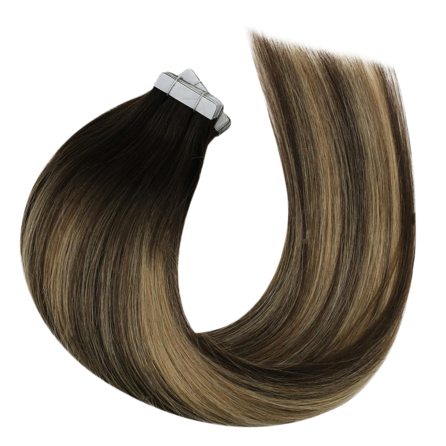 Moresoo Tape in Hair Extensions Human Hair Ombre Tape in Extensions Human Hair Balayage Brown to Caramel Blonde with Brown Hair Extensions Glue in Real Human Hair Extensions 18 Inch #4/27/4 20pcs 50g