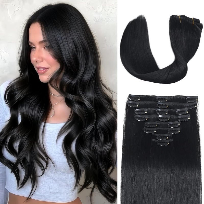 Real Human Hair Clip-In Extensions - 16 Inch Balayage Seamless Remy Hair | 90g Jet Black 8Pcs Double Weft