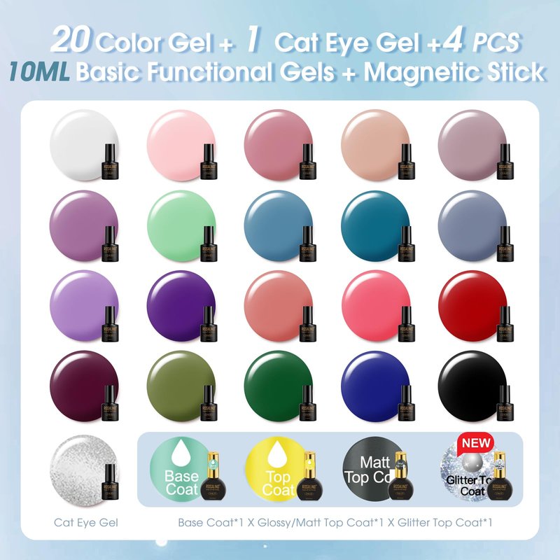 ROSALIND 30PCS Gel Nail Polish Set with Base Glossy Matte and Glitter Top Coat Gel Polish, Pink Green Hot Pink Gel Nail Set Soak Off Gel Polish Set