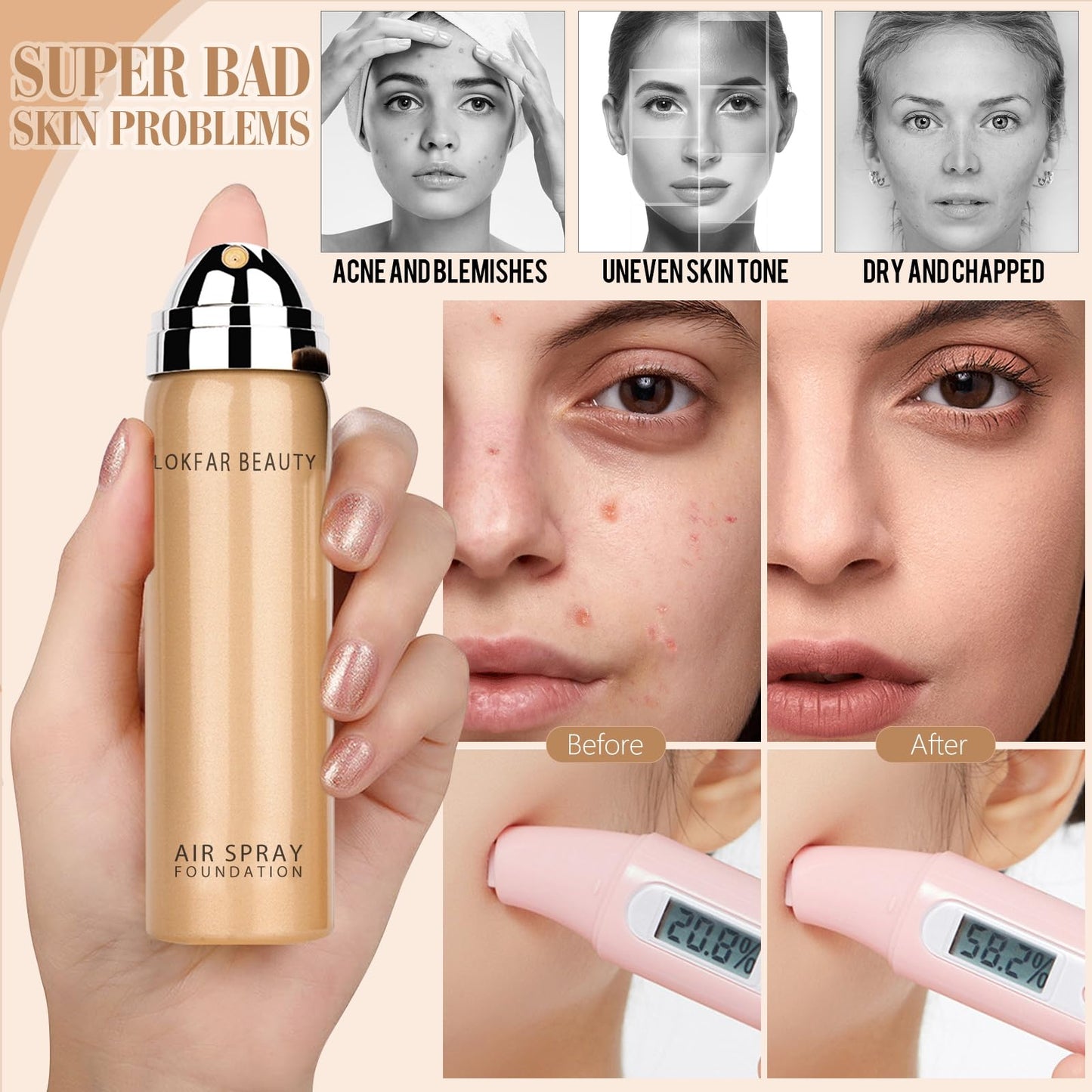 LOKFAR AirBrush Foundation Spray, Silky Mist Spray Makeup Kit with Brush, Full Coverage Foundation for Smooth Radiant Finish, Formula Breathable Lightweight Hydrating | #02 Nude
