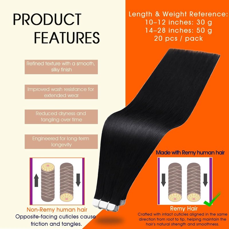 Real Human Hair Tape-In Extensions - 24 Inch Jet Black | Seamless Double-Sided 20 Pcs, 50g