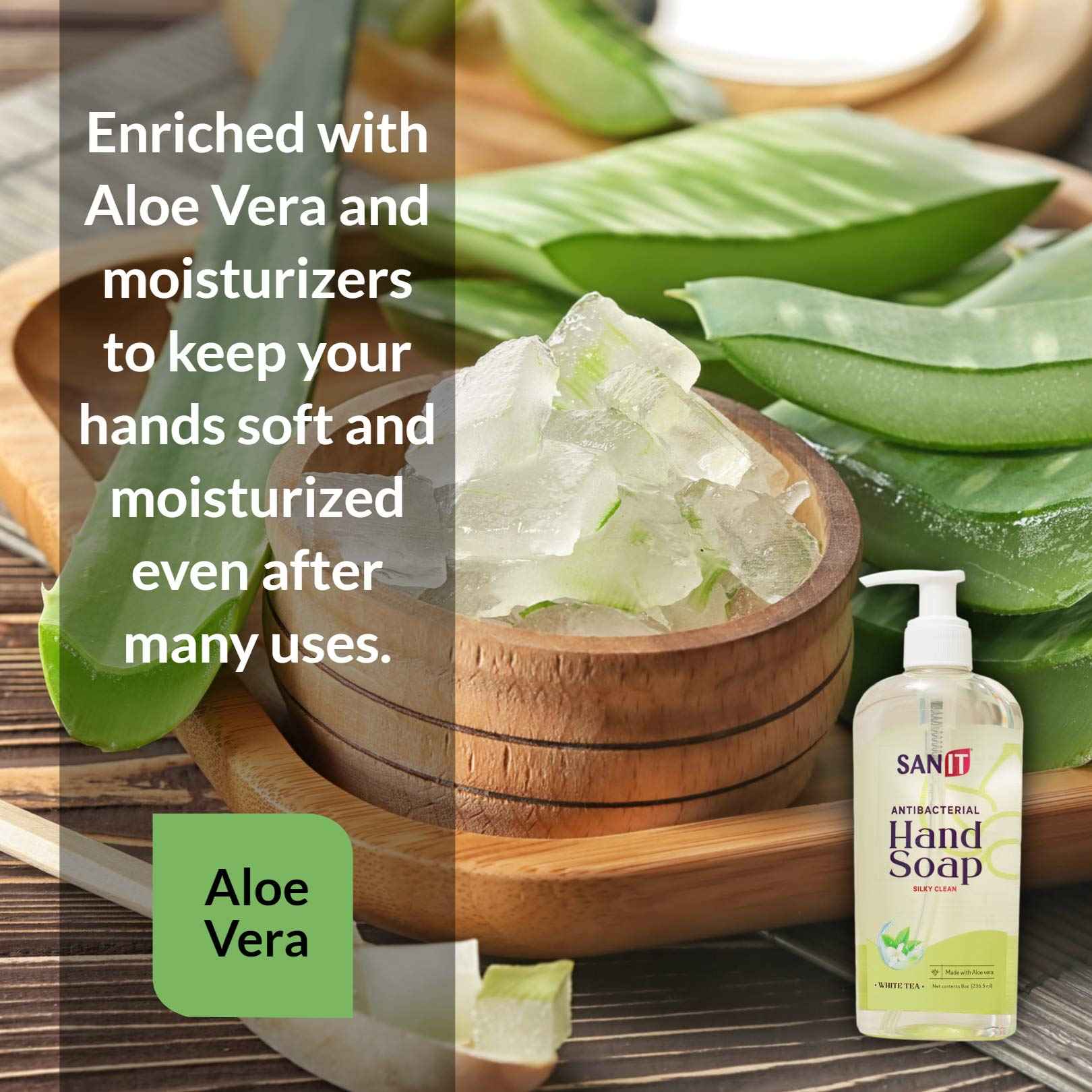 Sanit Silky Clean Antibacterial Liquid Gel Aromatic Hand Soap - Advanced Formula with Coconut Oil and Aloe Vera - Natural Moisturizing Hand Wash - Made in USA, White Tea, 8 oz, 3 Pack