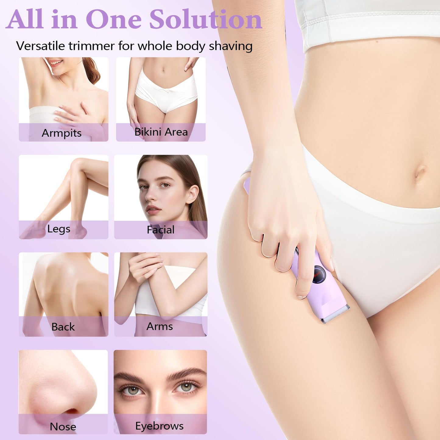 4-in-1 Bikini Trimmer for Women, 12,000 RPM Painless Electric Shaver for Women Pubic Hair Removal, IPX7 Waterproof with LED Light, Cordless Body Hair Trimmer for Bikini Area, Face, Arms & Legs