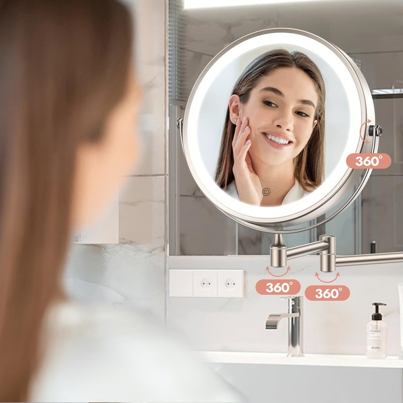 FASCINATE Rechargeable Wall Mounted Makeup Mirror with Lights and Magnification, 8 Inch Double Sided 1X 10X Magnifying Bathroom Mirror with 3 Color Lights & 360° Rotation Vanity Mirror - Nickel