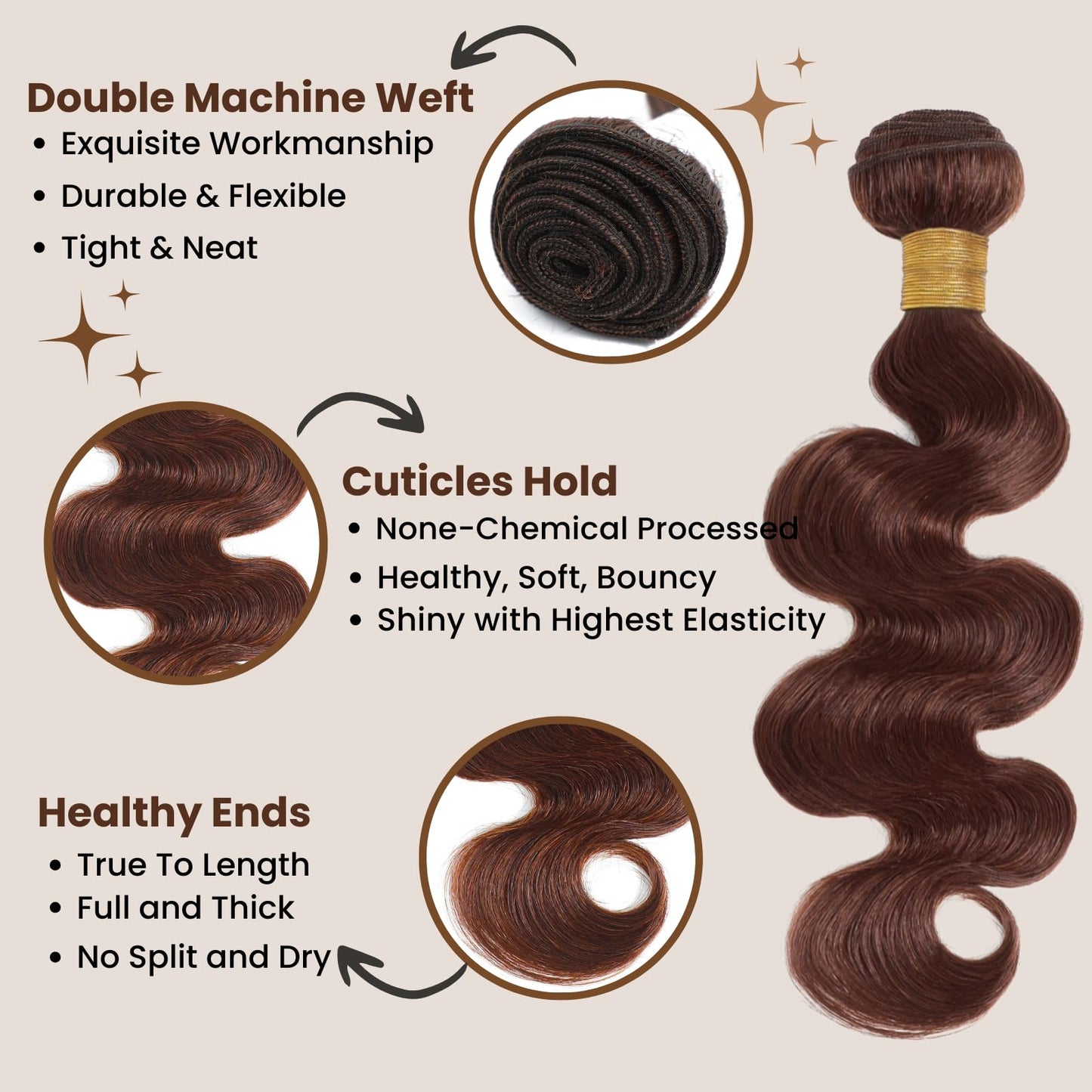 ALHER Color #4 Chocolate Brown Single Bundle Human Hair Body Wave, 12A Dark Brown Human Hair, 100% Unprocessed Brazilian Virgin Remy Hair Soft Thick Single Wavy Bundle Sew In Double Weft 14 IN