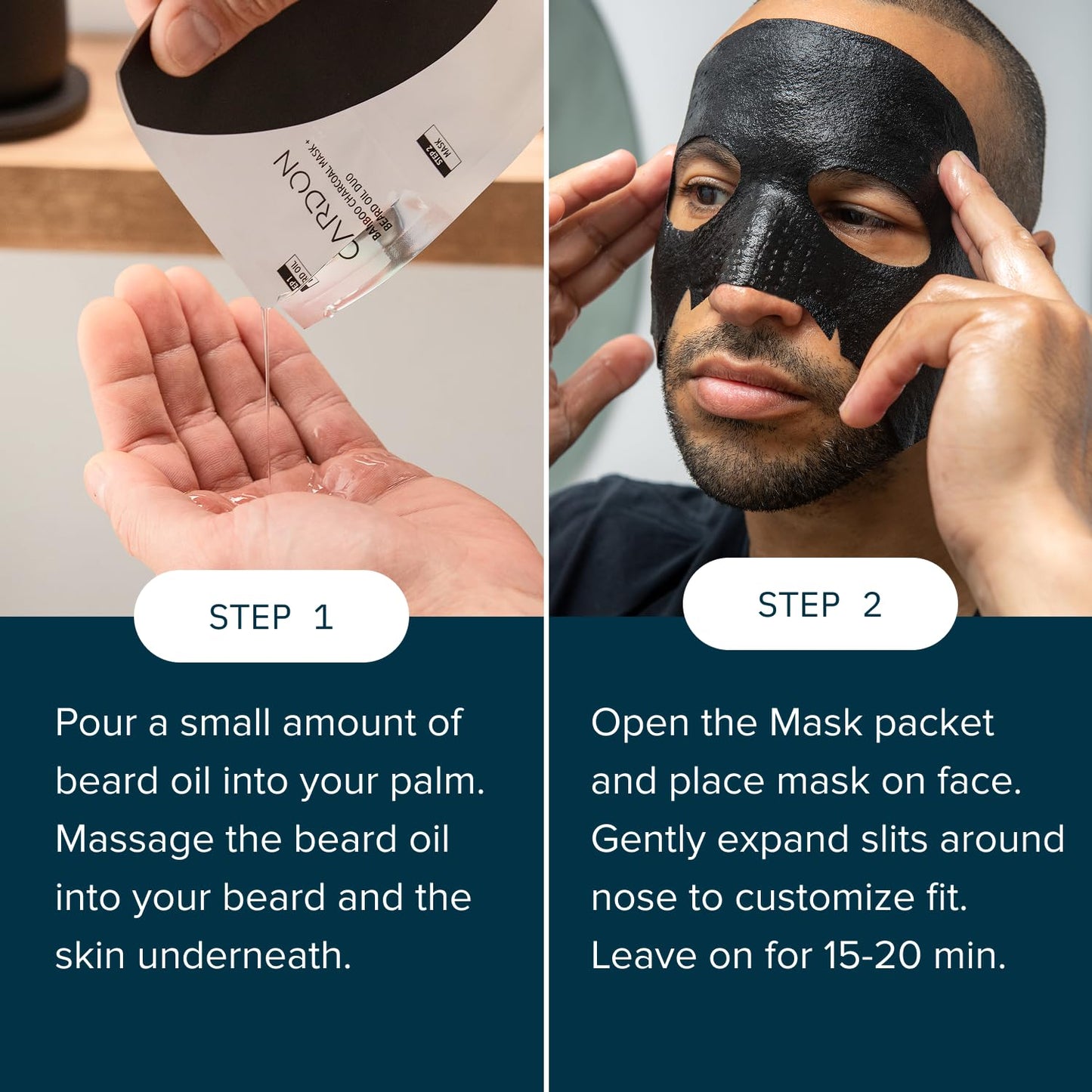 Cardon Complete Face & Beard Care Sheet Masks for Men - Korean Face Masks Skincare with Bamboo Charcoal Detox + Premium Beard Oil - 4 Pack for Deep Hydration, Anti-Aging & Post-Shave Comfort