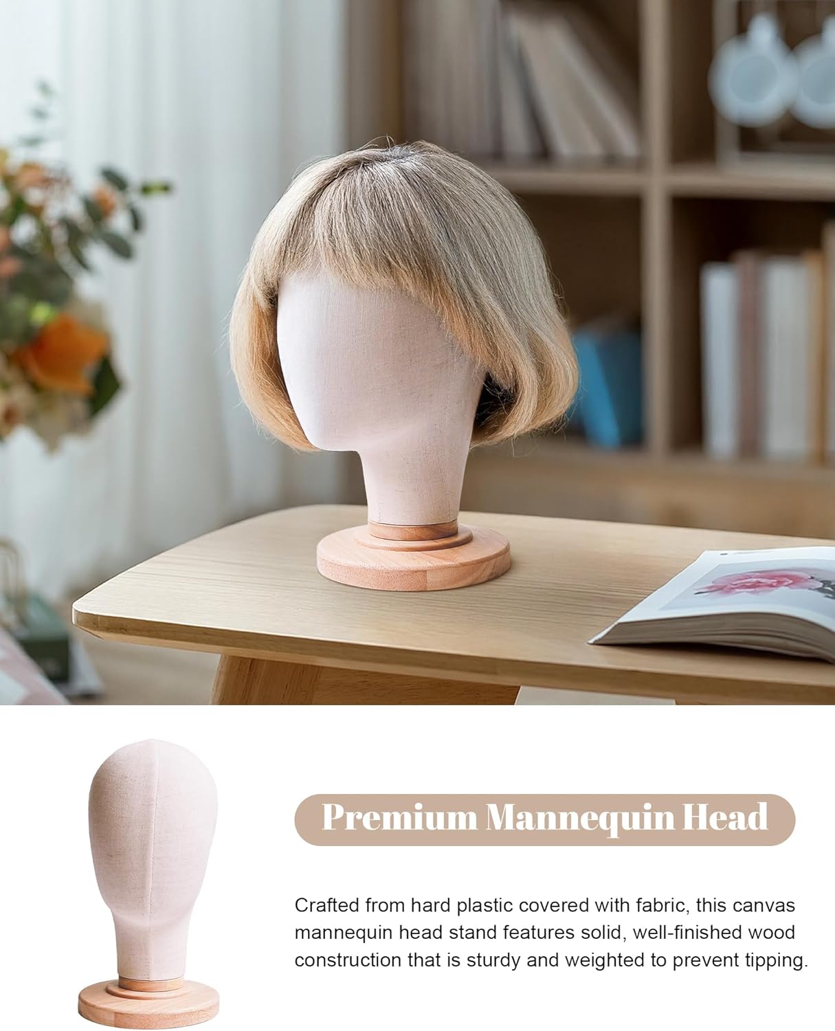 CHADWICK 21-Inch Wig Head Stand - Linen Mannequin Display for Wigs, Hats & Headdresses | Detachable Wooden Base