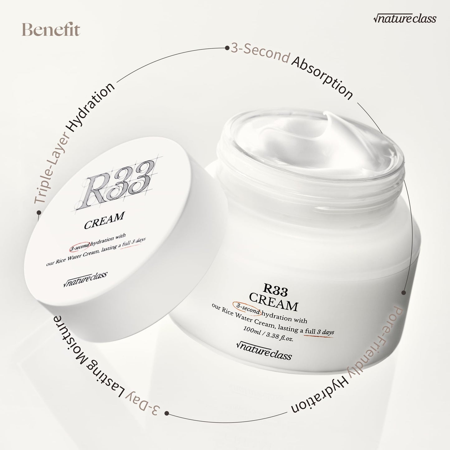 NATURECLASS R33 Rice Face Moisturizer Korean Skincare Glass Skin Squalane Niacinamide Hyaluronic Acid Barrier Cream Night Cream Dry Sensitive Skin Fragrance Free 100ml 3.38 fl oz