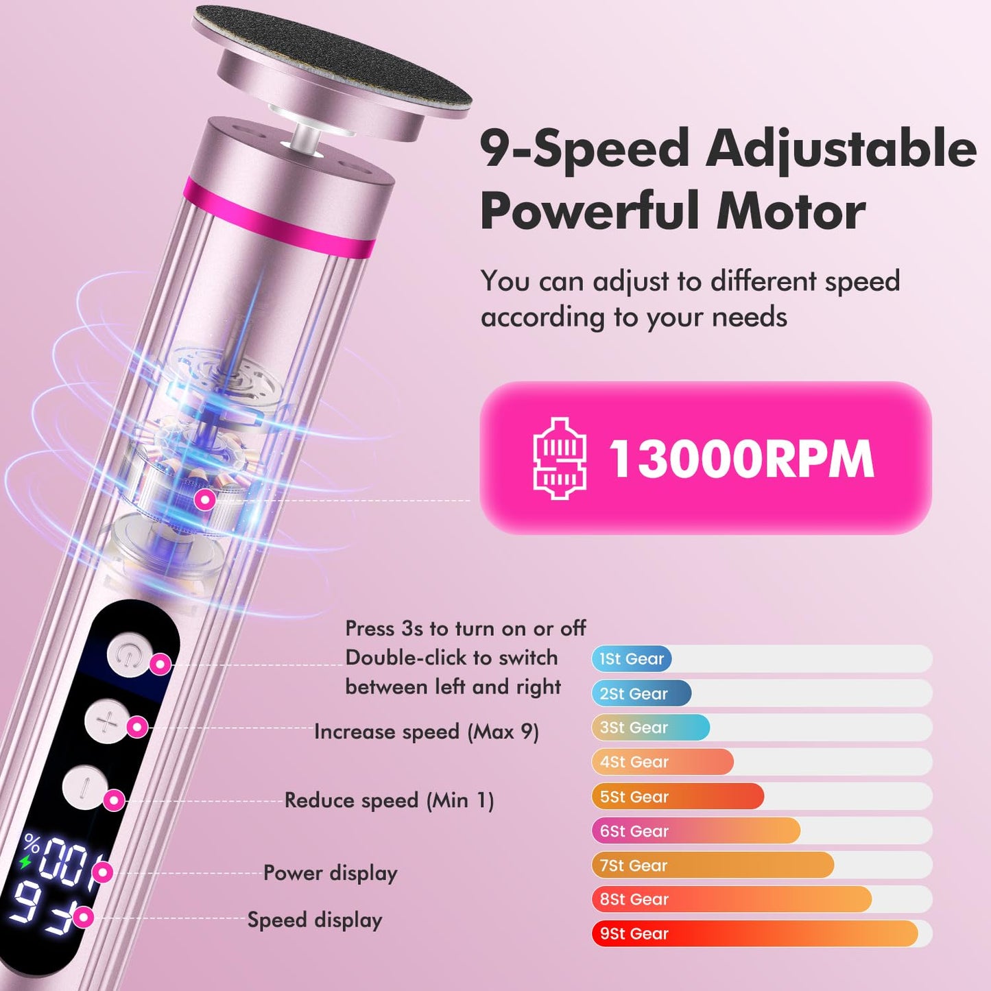 2-in-1 Electric Foot Callus Remover & Nail File, 13000 RPM Rechargeable Foot Care Tool with 9 Speed, Cordless Pedicure Device for Dead Skin & Calluses, Valentine's Day & Women's Day Gift for Her
