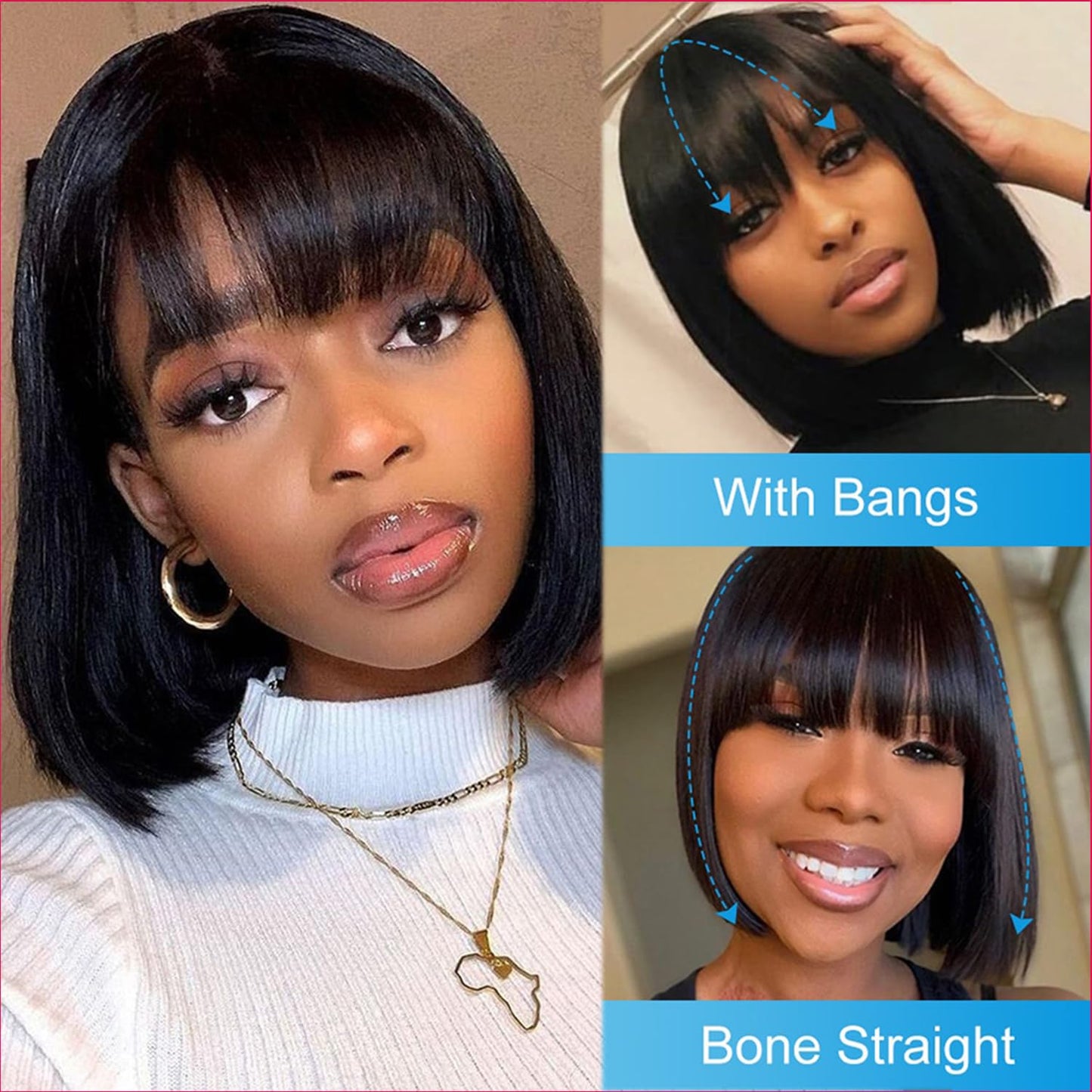 Lusina Bob Wig Human Hair With Bangs Glueless 2x4 HD Lace Colsure Wigs, Ready to Go Short Wigs For Women Beginner Friendly (Black, 10 Inch)