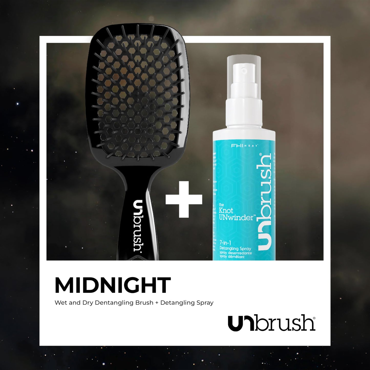 FHI Heat UNbrush Detangling Brush and UNwinder Detangling Spray Combo Pack - Tangle-Free Hair, Pain-Free Brushing, Anti-Static Bristles, Lightweight Hair Brush, Midnight