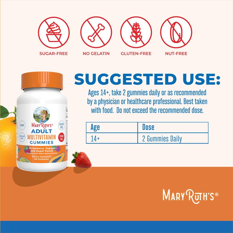 MaryRuth Organics Multivitamin for Women and Men | Sugar Free | Adult Multimineral Gummy with Vitamin C | D and E | B Vitamins | Biotin | Zinc | Vegan | Non-GMO | Gluten Free | 60 Count