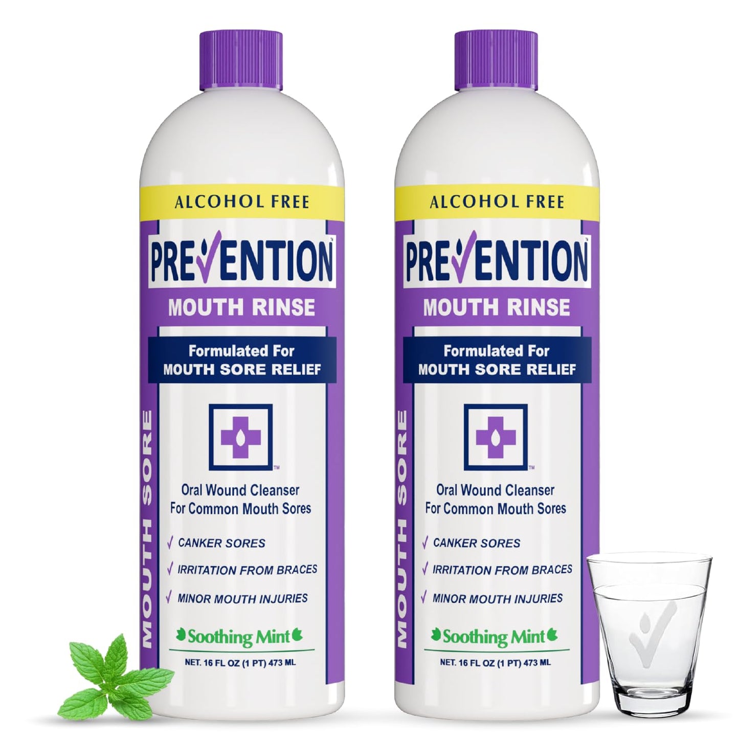 Prevention Mouth Sore Mouth Rinse, Canker Sore Treatment, Oral Pain Relief Mouthwash for Ulcers and Sores, Braces, with Hydrogen Peroxide, Alcohol-Free, Fluoride Free, 16 oz, Soothing Mint, 2 Pack