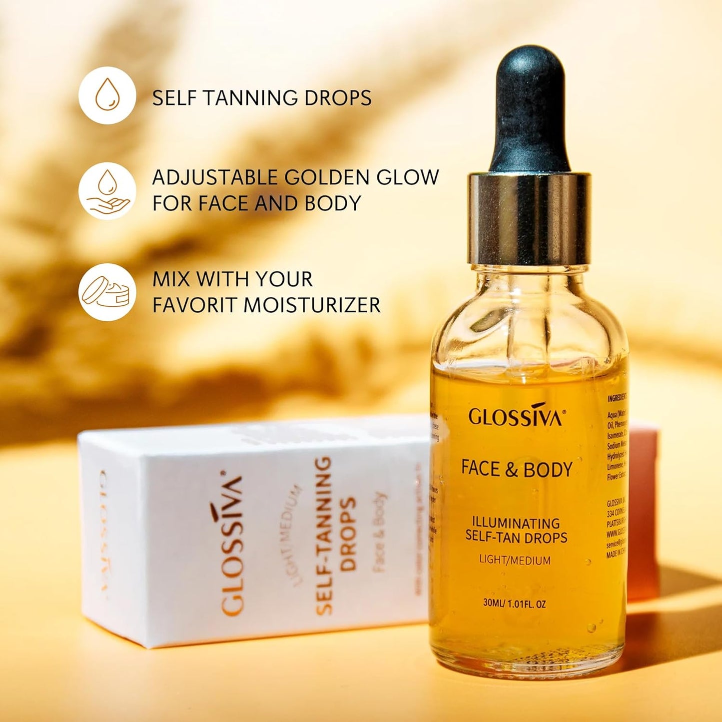 Self Tanning Drops - Achieve a Natural Sun-Kissed Bronze Glow | Gradual Face & Body Tanner, 1.01 Fl Oz