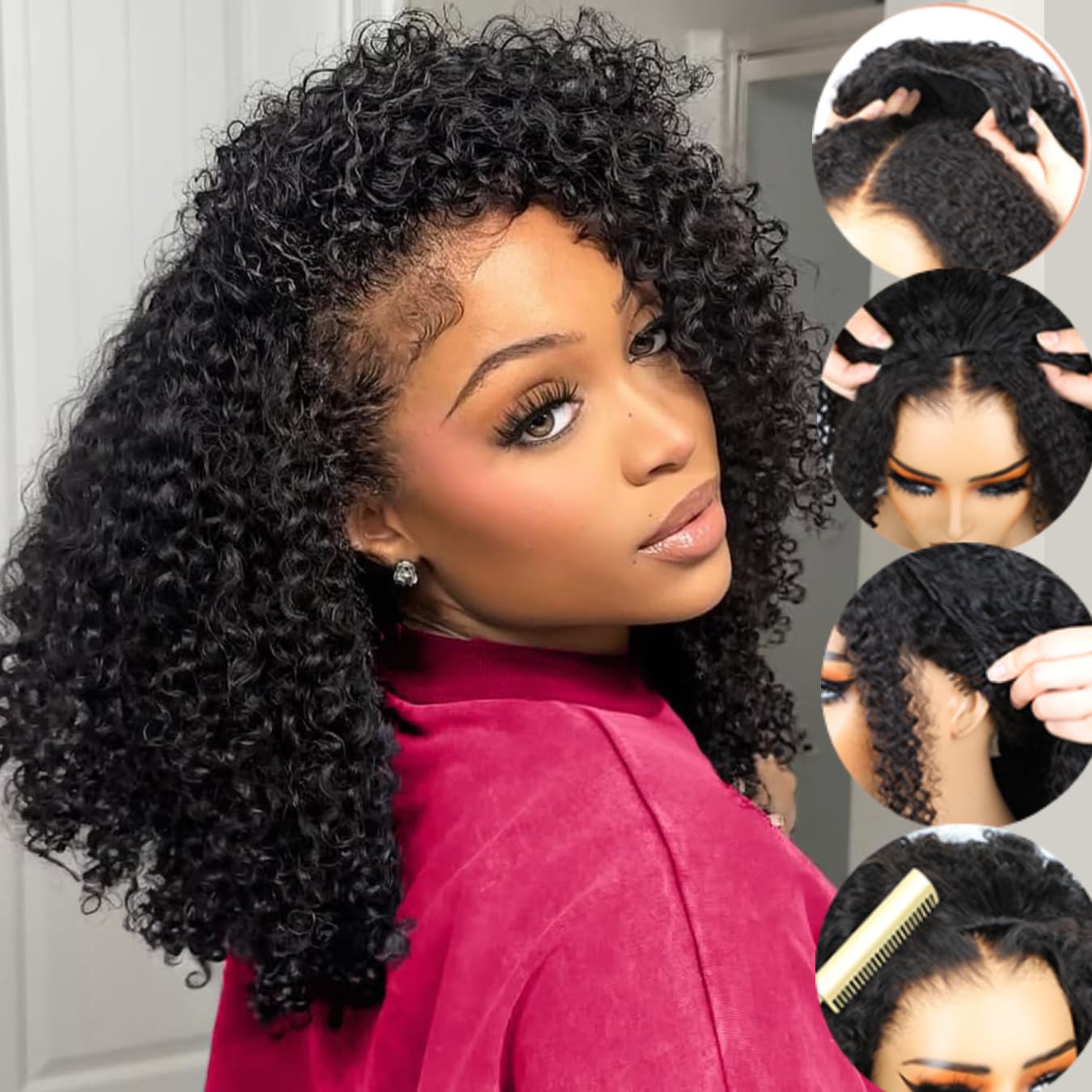 Curly Half Wig 200% Density Kinky Curly Half Wig 3 In 1 Seamless Flip Over Glueless Wigs with Drawstring Beginner Friendly Curly Wig Headband Wig for Women Daily Wear