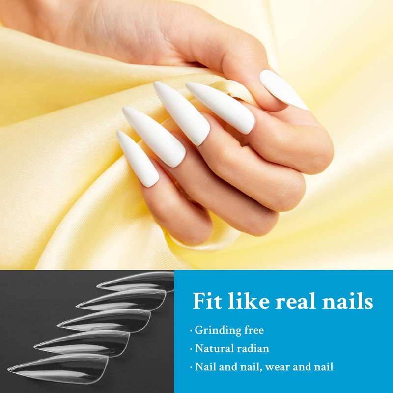 DAZHICN 500 PCS Stiletto Nail Tips, 10 Sizes Full Cover, Long Nail Tips for Nail Extension, Pre Shaped for DIY Salon (Clear Stiletto-500 PCS)