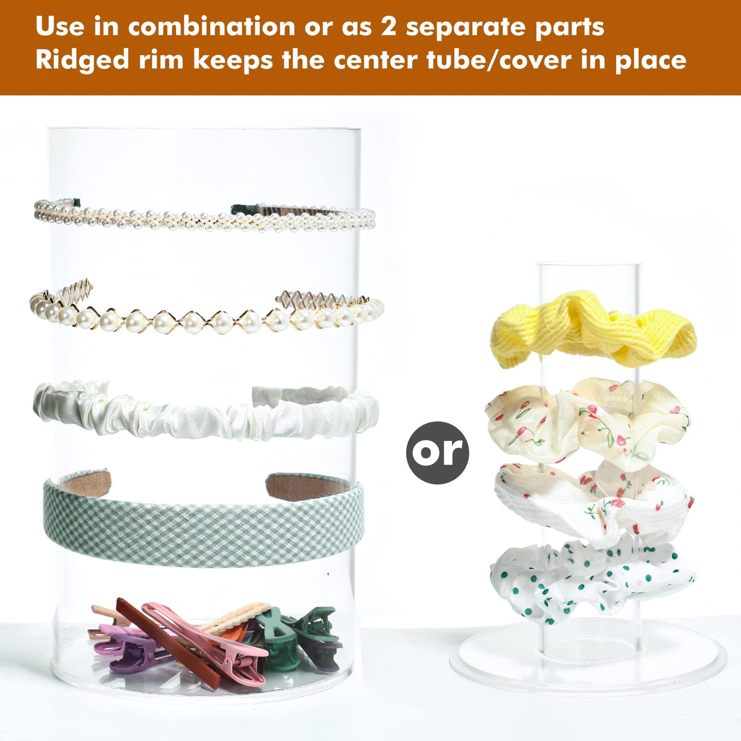 Kamehame Headband and Scrunchie Holder, Bottom Can Place Small Hair Accessories, Clear Acrylic Organizer for Hair Accessories, Hair Clips, Hair Ties, Bows, Pins and More