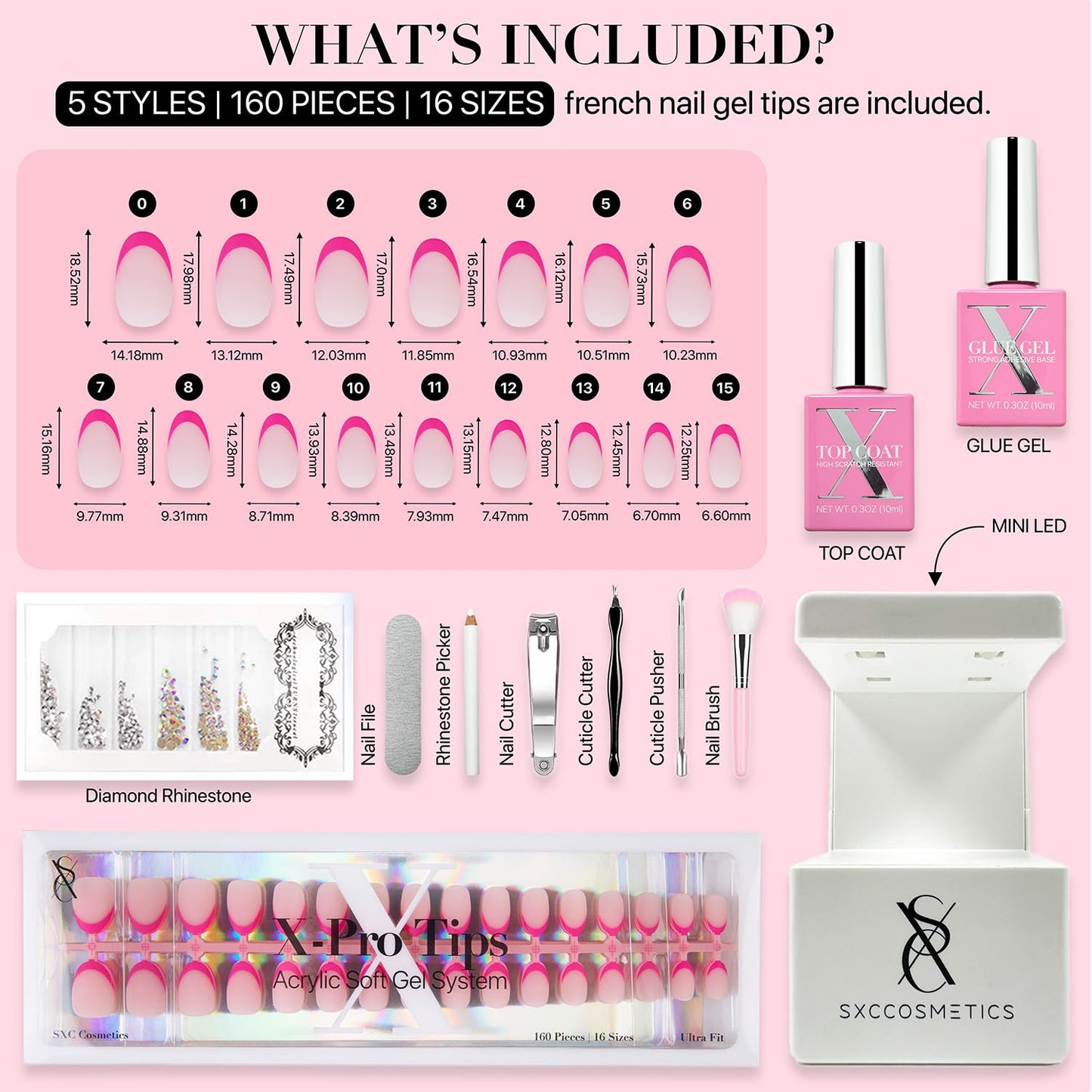 SXC Cosmetics X-Pro Tips French Tip Press on Nails – French Pink Edition (PINK118KIT-XS Almond)