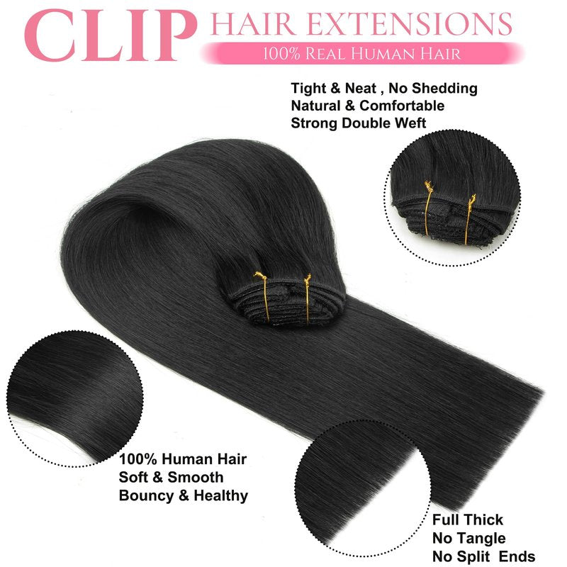 Jet Black Clip in Hair Extensions Real Human Hair 14inch Human Hair Clip in Extensions Black Human Hair Extensions Clip ins 100% Brazilian Remy Human Hair for Women Straight 8pcs Double Weft