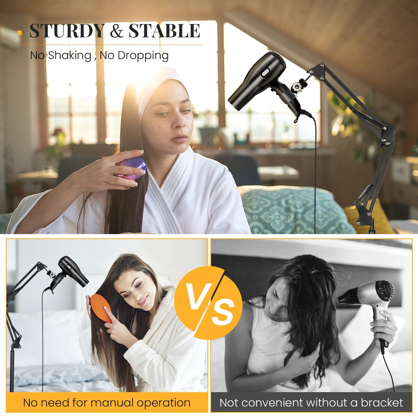 INNOLIFE Hands Free Hair Dryer Stand - Adjustable Height, 360° Rotating with Heavy Base for Hands-Free Drying