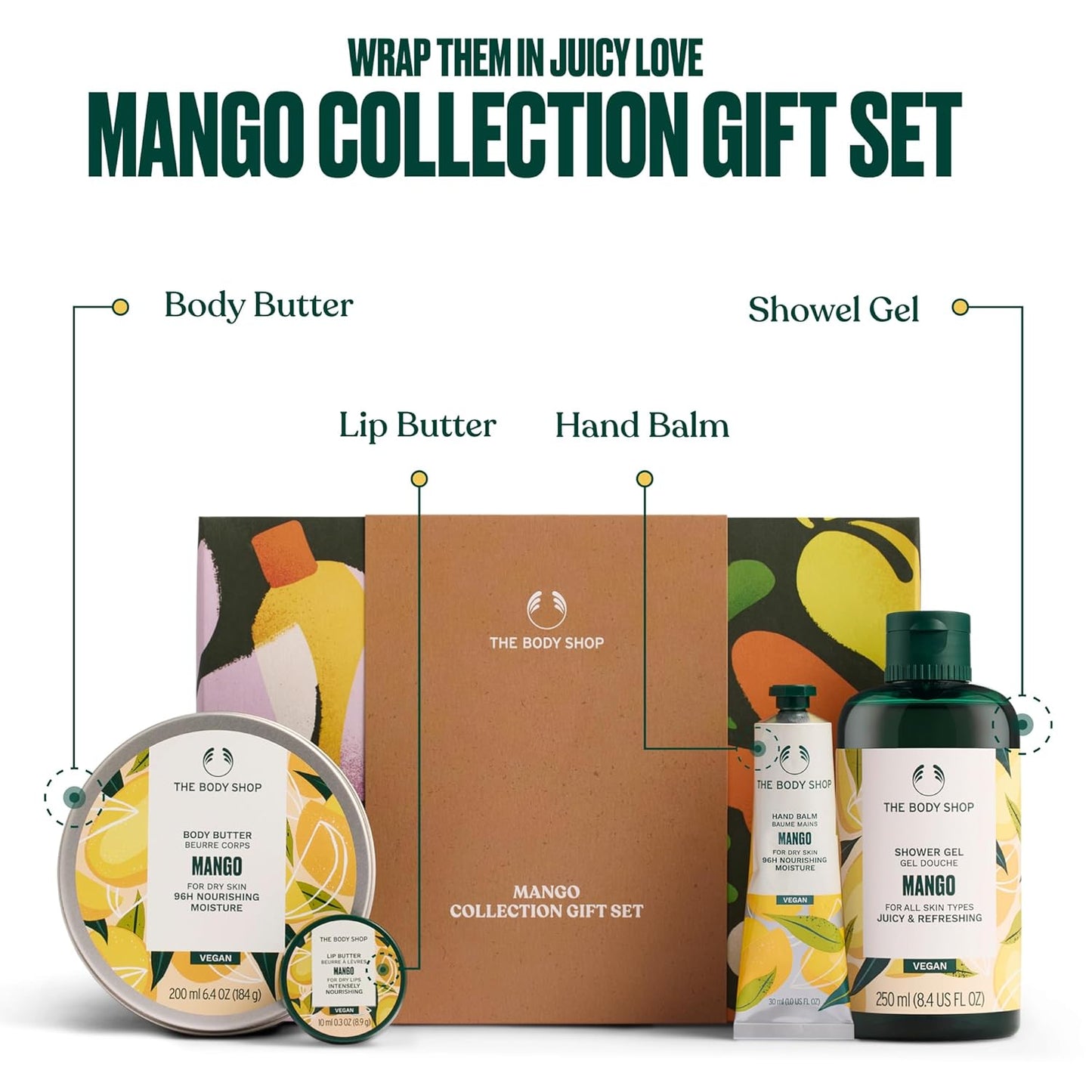 Mango Collection Gift Set - 4-Piece Vegan Body Care Set with Shower Gel, Body Butter & Lip Balm