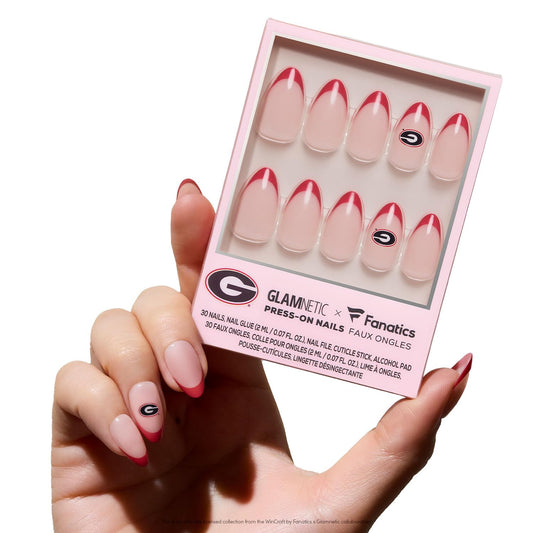 Glamnetic x Fanatics Press On Nails - Georgia Bulldogs | Short Almond Fake Nails, Collegiate Bulldogs Red French Tips, College Nails, Salon-Quality | 15 Sizes - 30 Nail Kit with Glue
