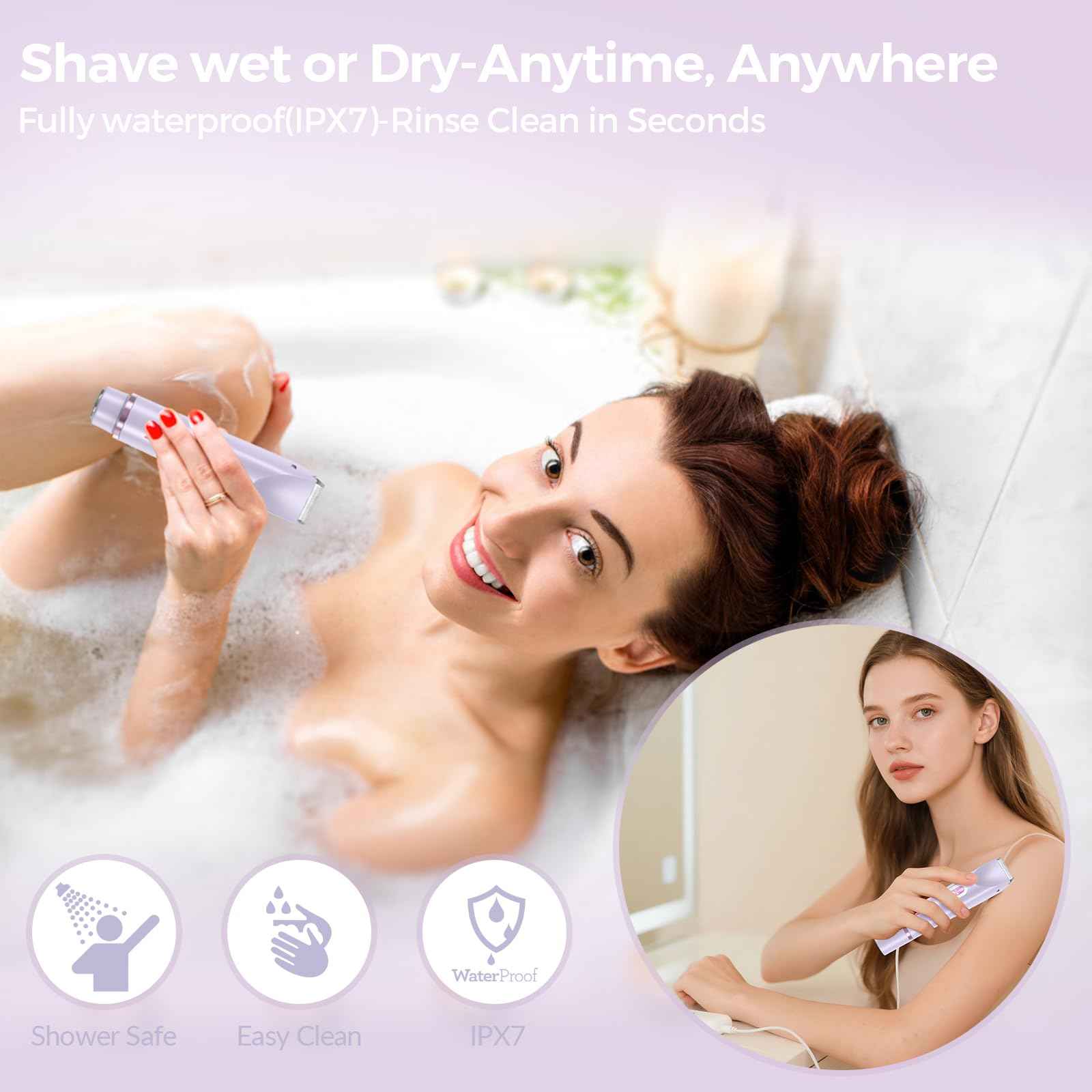 Bikini Trimmer for Women – 2-in-1 Electric Razor with Dual Heads, Ceramic Blades, Wet & Dry Use, USB Rechargeable, Skin-Friendly Shaver for Bikini Line, Underarms & Sensitive Areas – Lavender Purple