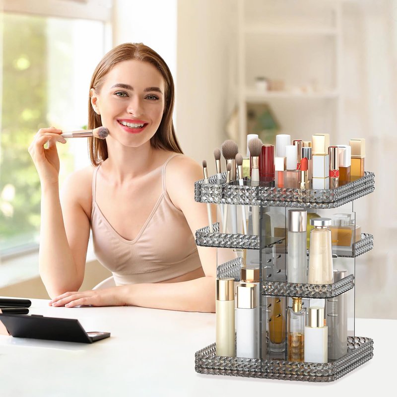 BOCONY Rotating Makeup Organizer, Large Capacity Cosmetic Display Case, Acrylic Skincare Organizer with Brush Holder, Makeup Storage Organizer for Dresser Countertop and Bathroom Vanity - Black