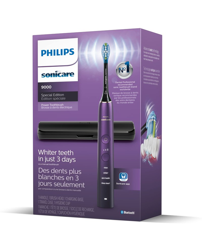 Philips Sonicare DiamondClean 9000 Electric Toothbrush - Sonic Toothbrush with App, Pressure Sensor, 12 Brushing Settings, Replacement Reminder, Charging Stand, Travel Case, Amethyst, HX9911/91