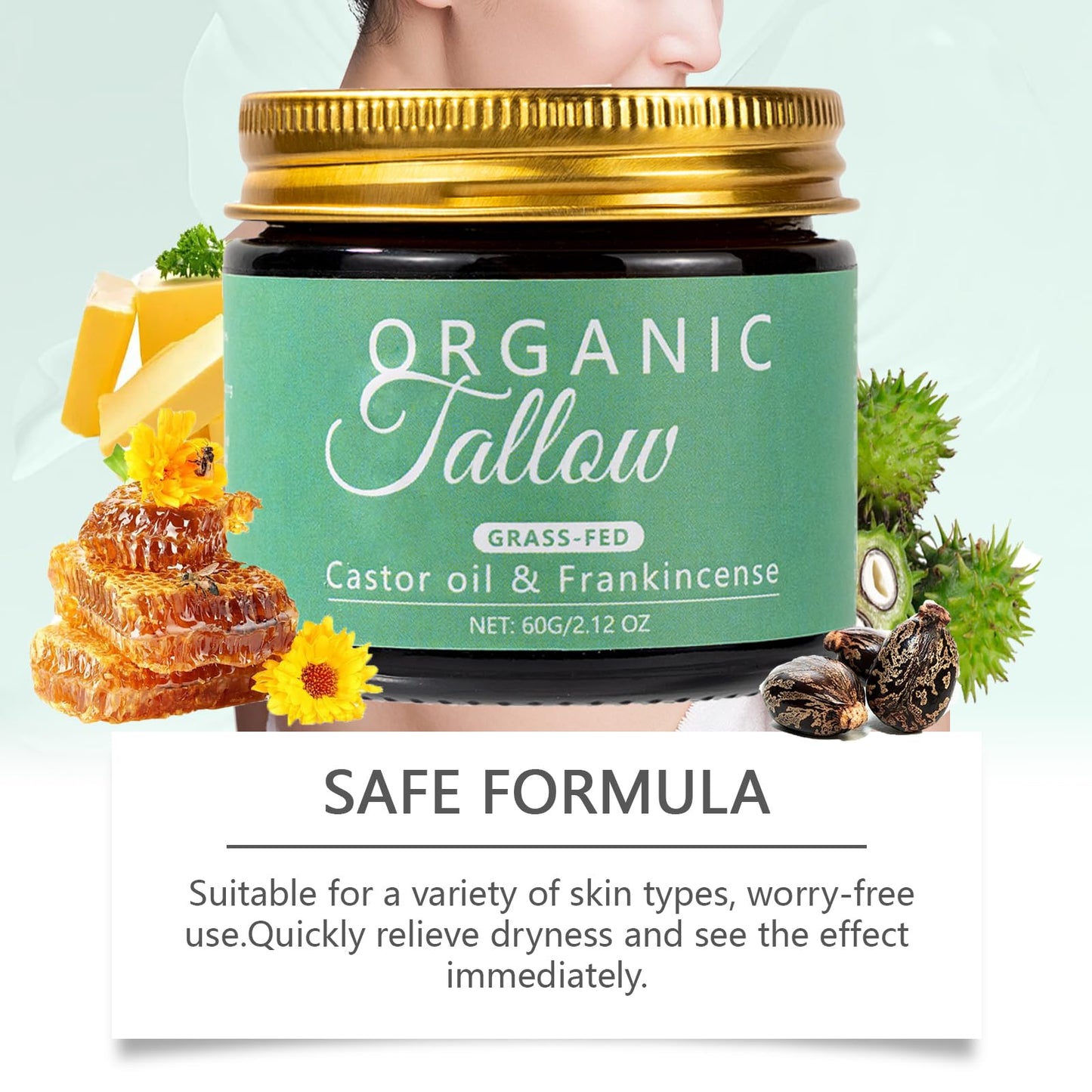 KBSBUBB Organic Tallow Balm with Castor Oil & Frankincense for Natural Skincare & Moisturizing, Tallow Cream Castor Oil and Frankincense